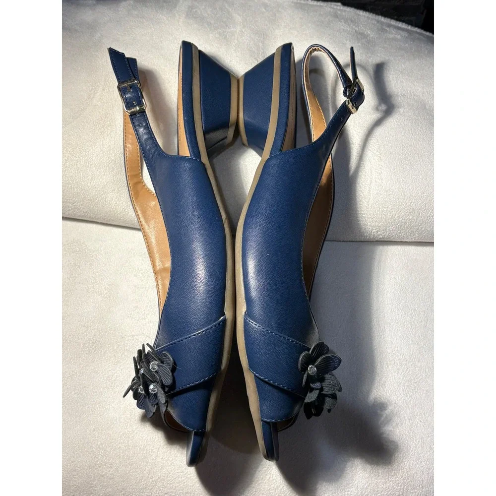 Comfortview Navy Blue Floral Peep Toe Slingback Wedge Sandals Womens 10W